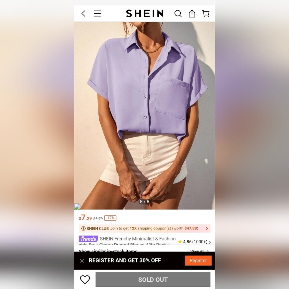 🦚 SHEIN Frenchy Solid Button Up Pocket Patched Women's Lavender Shirt